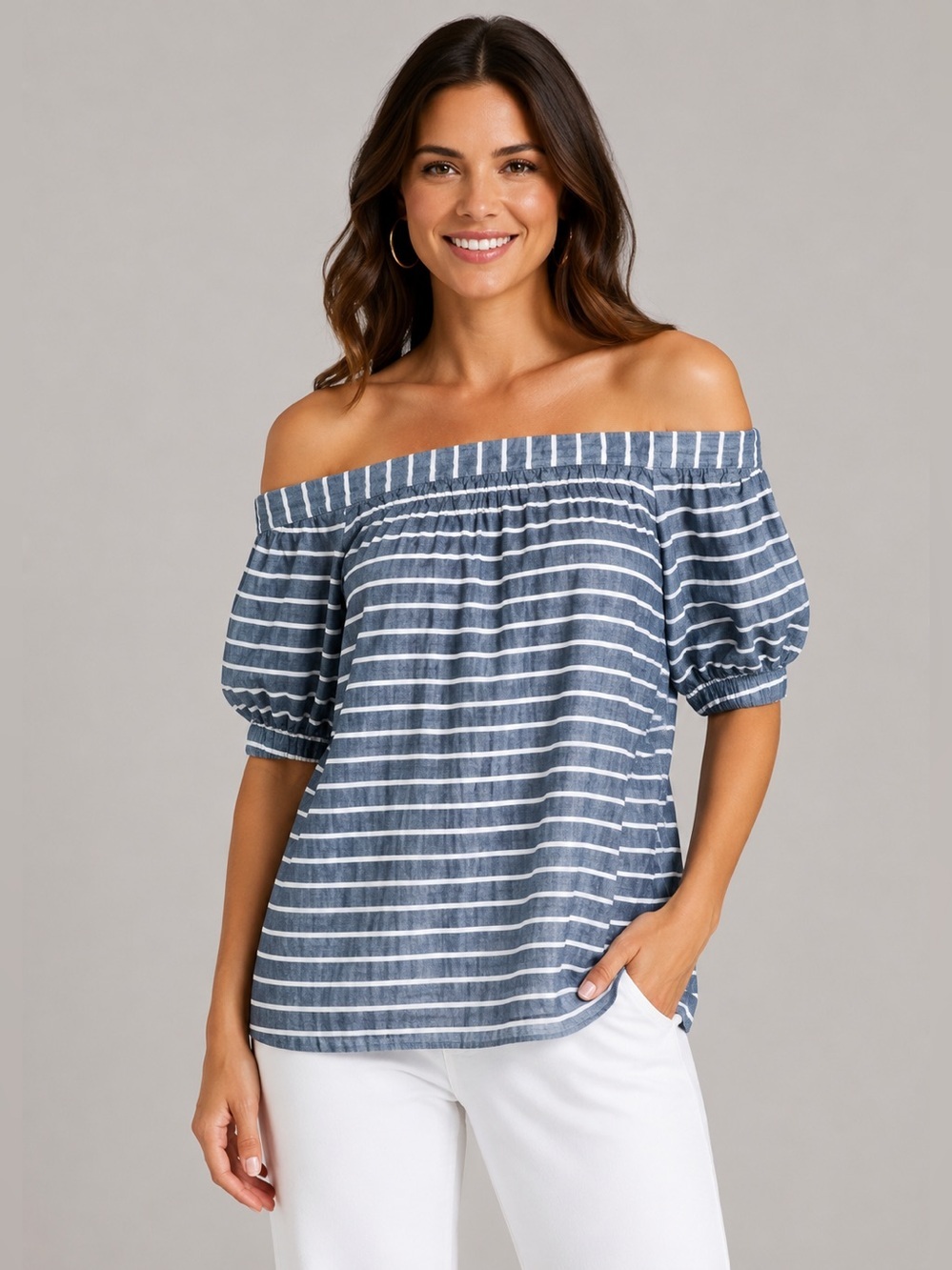 Lauren Ralph Lauren Top Womens S Blue Stripe Off Shoulder Textured Linen Blend M